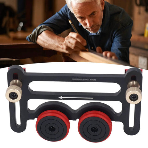 Precision Table Saw Guide Featherboard With Sliding Blocks And Double Wheel Bearing Roller, showing red wheels on black frame.