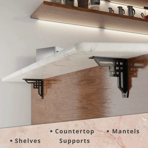 Heavy Duty Shelf Brackets Two Pack For Mantels Countertops And Decorative Shelving Beefed Up 500 Pound Capacity Wrought Iron Black Metal Corbels Handcrafted From American Steel installed under a countertop.