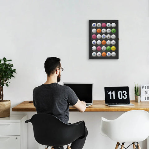 Room with Lockable Wall Mount Golf Ball Display Case Holds Up To 35 Balls With Polished Plexiglass Circle Shelves Durable Black Finish