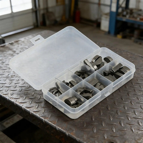 Open box of Half Moon Keys Set Carbon Steel Keyway And Key Stock Kit With Storage Box 80 Piece Assortment For Shaft And Crank In Automotive Use
