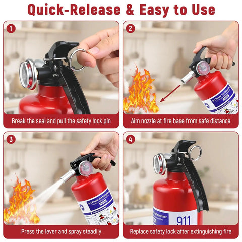 Instructions for Two Pack Of 2.5 Pound ABC Fire Extinguishers UL ANSI 299 Certified Portable Dry Chemical, demonstrating easy operation.