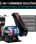 Rock Solid Bench Grinder And Belt Sander Combo with a 2.5A motor, featuring 6" grinder and 12"x27" sander for versatile use.