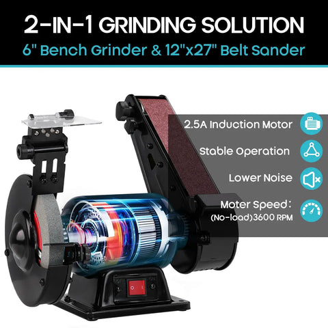Rock Solid Bench Grinder And Belt Sander Combo with a 2.5A motor, featuring 6" grinder and 12"x27" sander for versatile use.