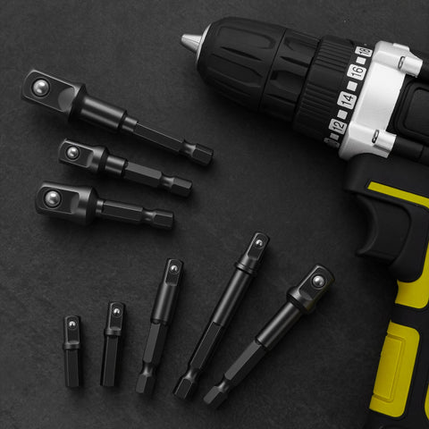 Eight Piece Drill Socket Adapter Set For Impact Tools Universal Quarter Inch, Three Eighths Inch And Half Inch Hex Shank Adapters Includes Five Lengths Of Drive Adapters In One Handy Black Kit with drill