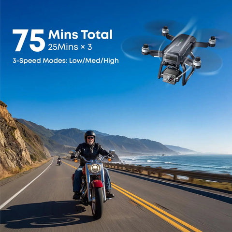 Pro Grade 4K Drone With 3 Axis Gimbal For Adults, Long Range 10,000 Ft flies above motorcyclist on coastal road.