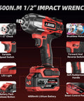 Cordless 1/2 Inch Impact Wrench With 1500 Nm High Torque, Brushless Motor, 21V Dual 4.0Ah Battery, product features on display