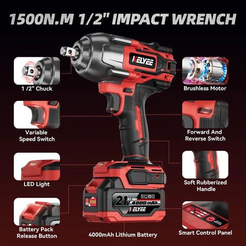 Cordless 1/2 Inch Impact Wrench With 1500 Nm High Torque, Brushless Motor, 21V Dual 4.0Ah Battery, product features on display