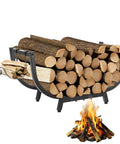 30-Inch Curved Firewood Rack, Heavy-Duty Steel Log Holder For Indoor And Outdoor Use, holds wood above a small fire on patio