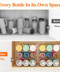 Before and after of a cabinet with Clear Three-Tier Stackable Bottle Organizer For Wine And Drinkware, cluttered to organized.