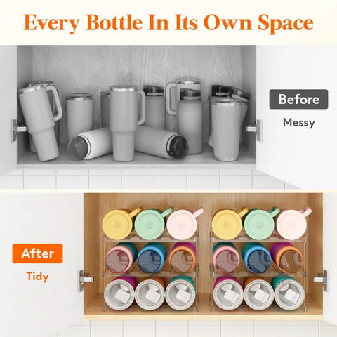 Before and after of a cabinet with Clear Three-Tier Stackable Bottle Organizer For Wine And Drinkware, cluttered to organized.