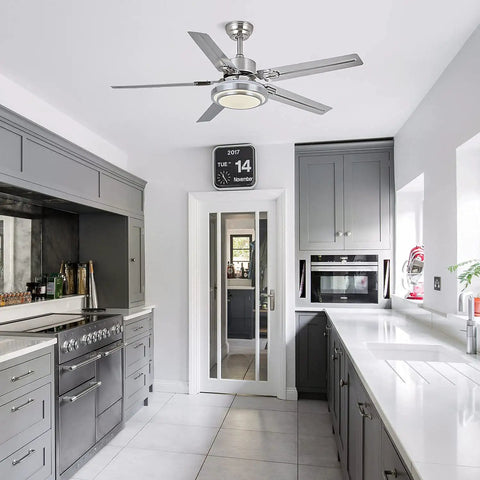 Ceiling Fan With Lights Remote Control And App, Modern Minimalist Smart Ceiling Fan in kitchen, brushed nickel, five blades