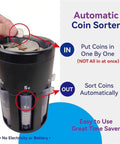 POCREATION 5 In 1 Automatic Sorter Machine Digital Counting Device With Tubes For Pennies Nickels Dimes Quarters Dollars showing setup for coin sorting.