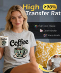 Woman wearing custom t-shirt and holding mug, demonstrating Heavyweight 125Gsm Sublimation Paper 8.5x11 Inch 300 Sheets For Inkjet Printers.