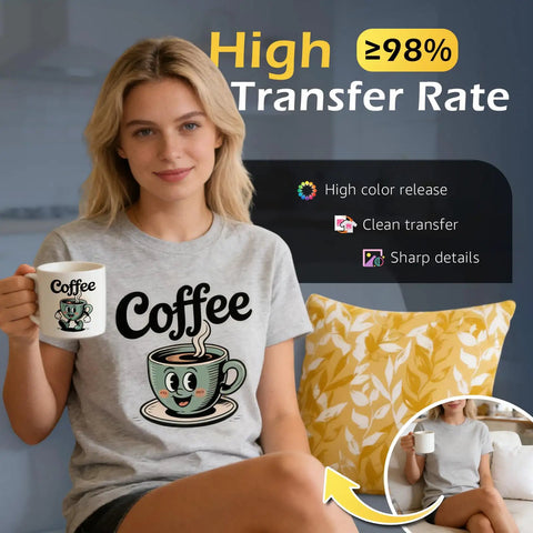 Woman wearing custom t-shirt and holding mug, demonstrating Heavyweight 125Gsm Sublimation Paper 8.5x11 Inch 300 Sheets For Inkjet Printers.