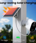 Outdoor Solar And Battery Powered Security Camera System With 2K Video mounted on a wall with solar panel for long-lasting charge.