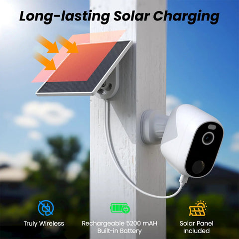 Outdoor Solar And Battery Powered Security Camera System With 2K Video mounted on a wall with solar panel for long-lasting charge.