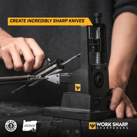 Person using Pro Grade Precision Adjustable Knife Sharpener With 7 Abrasives Including Diamond And Ceramic Leather Strop Beefed Up 15 To 30 Degree Angles Built For Hunting Serrated And Kitchen Knives.
