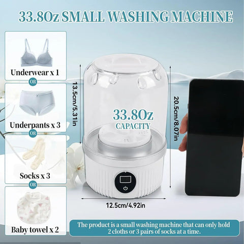 Portable Mini Washing Machine Cordless USB Rechargeable 15W Motor Pocket Travel BFF for Underwear Socks Baby Gear Dorm, 33.80oz capacity.