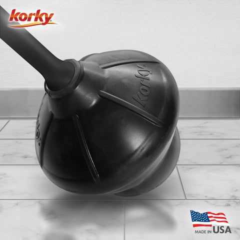 Heavy Duty Black Toilet Plunger And Brushed Nickel Holder. Close-up of rubber cup head for stubborn clogs and drain clearing.