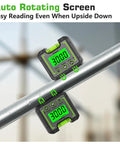 Heavy Duty Digital Angle Level And Inclinometer With Rock Solid Magnet Base And Bright Lcd Screen showing auto rotating screen for easy reading.