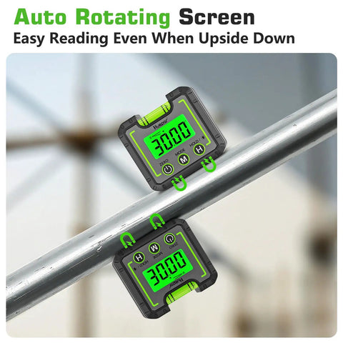 Heavy Duty Digital Angle Level And Inclinometer With Rock Solid Magnet Base And Bright Lcd Screen showing auto rotating screen for easy reading.