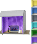 Portable Vocal Booth And Desktop Sound Absorption Shield Serving Up Top Shelf Recording Sessions With Heavy Duty Foam Panels and Pro Grade Noise Blocking For Home Creators with purple foam.