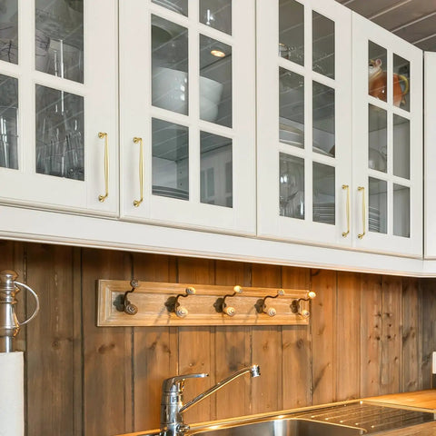 Top Tier Brushed Gold Cabinet Handles And Solid Metal Pulls For Kitchen Drawers 7 1 2 Inches Center To Center 10 Pack installed on cabinets.