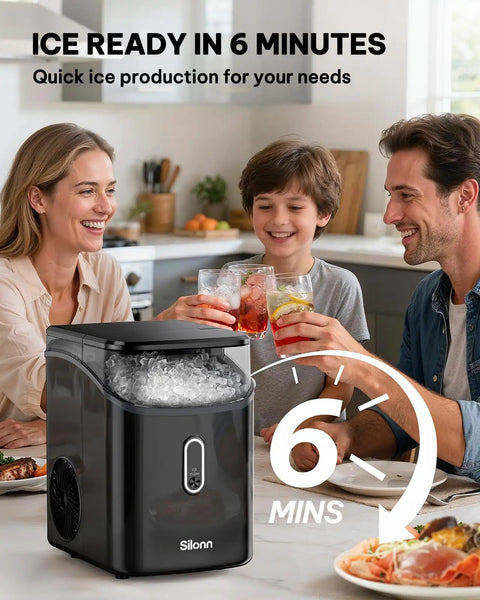 Family enjoying drinks with Nugget Ice Maker Countertop For Home, Office And Kitchen with soft chewable ice in 6 minutes