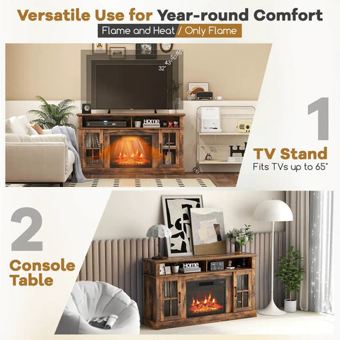 Electric Fireplace TV Stand For 65 Inch TVs With 23 Inch Insert 3 Level Flame Remote Control Hidden Storage Cabinet Brown Modern Media Console For Living Room Go To Cozy Vibes shown as a TV stand and console table