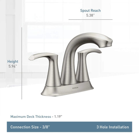 Graeden Two Handle Four Inch Centerset Bathroom Faucet In Spot Resist Brushed Nickel with measurements and installation details