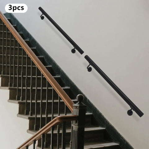 Rock Solid Heavy Duty Wall Mounted Stair Handrail Featuring Matte Black Stainless Steel Cylinder Rods For Killer Grip And Effortless Home Installation Projects on staircase.