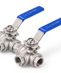 Pack Of Two 1/2 Inch Npt 3-Way L-Port Ball Valve Female Threaded 304 Stainless Steel with blue handles for garage flow routing.