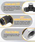Diagram of Push To Connect Branch Tee Air Fitting For Three Eighths Inch Tube OD And NPT One Eighth Inch Thread with brass-PBT details
