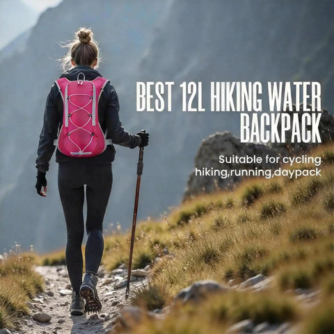 Person hiking with a 12L Hydration Backpack With 2L Water Bladder For Men And Women, Ultra Lightweight, Reflective Straps