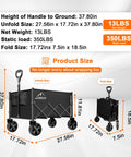 Heavy Duty Collapsible Wagon Cart With 350 Lb Capacity And All Terrain Wheels For Camping, Grocery Shopping, Garden And Sports, Large Foldable Utility Wagon With Adjustable Handle For Easy Towing On Any Terrain, Black; dimensions displayed in various positions.