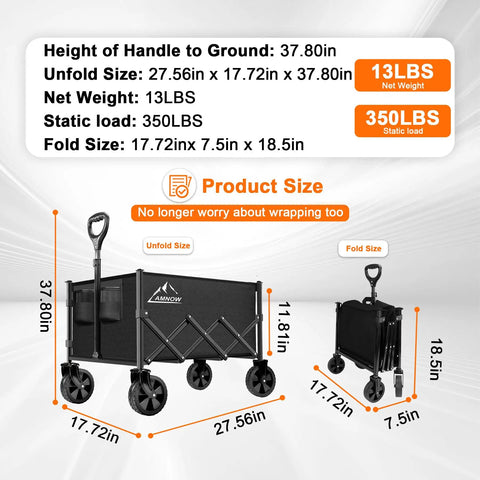 Heavy Duty Collapsible Wagon Cart With 350 Lb Capacity And All Terrain Wheels For Camping, Grocery Shopping, Garden And Sports, Large Foldable Utility Wagon With Adjustable Handle For Easy Towing On Any Terrain, Black; dimensions displayed in various positions.