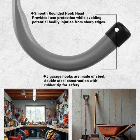 Close-up of 12 Pack 4Inch Heavy Duty Garage Wall Hooks Steel J Hooks For Tools showing round rubber-tipped end.