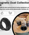 Front and installed views of a black magnetic dust collection flange with six mounting holes and a flexible dust hose.