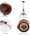Diagram of Rustic Farmhouse Industrial Round Ceiling Pendant Light With Clear Glass Shades highlighting ceiling adapter, glass, E26 base.