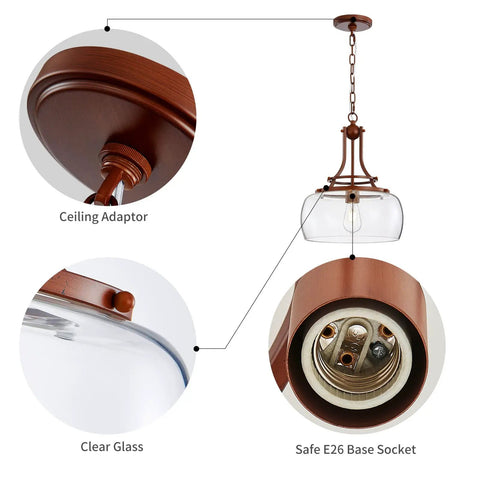 Diagram of Rustic Farmhouse Industrial Round Ceiling Pendant Light With Clear Glass Shades highlighting ceiling adapter, glass, E26 base.
