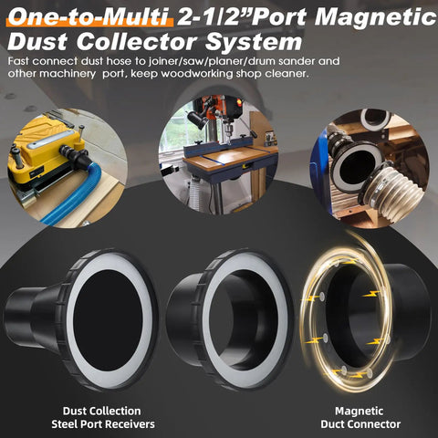 4 Inch Magnetic Dust Collection Fittings For Shop Vacs And Woodworking Gear Providing No Sweat Hookups And Smart One To Multi Port Configs For Lightning Fast Workshop Swaps; magnetic duct connectors and port receivers displayed.