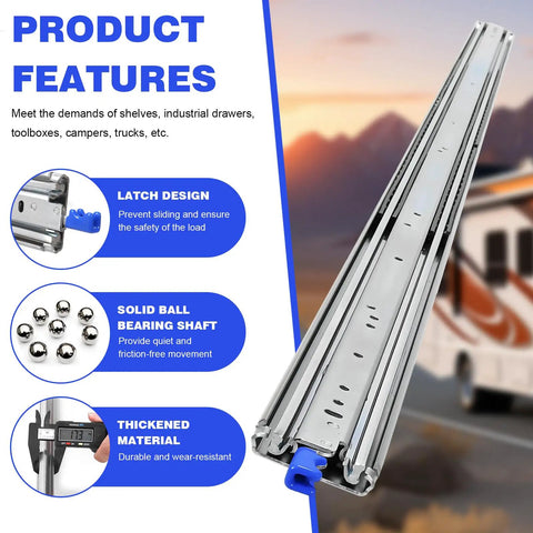 Heavy Duty Drawer Slides With Full Extension Ball Bearing Rails, Built Tough Steel Build, Rust Resistant Electroplated Finish, Locking Swing Handle For Secure Open And Close, Multipurpose Use, Supports Up To 300 Lbs, Ideal For Cabinets And Tool Chests; full-extension steel slide with blue latch