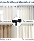 Telescoping Curtain Rod For 66 To 120 Inches With 1 Inch Steel Rod, suitable for grommet, tab top, back top, rod pocket curtains.