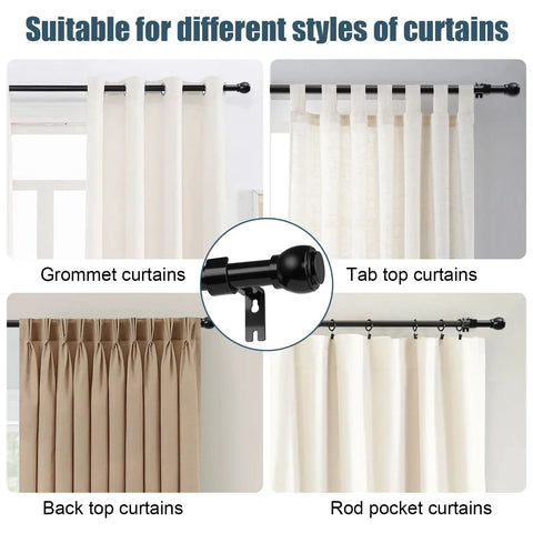 Telescoping Curtain Rod For 66 To 120 Inches With 1 Inch Steel Rod, suitable for grommet, tab top, back top, rod pocket curtains.