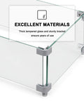 Corner view of rectangular fire pit wind guard for 52 inch tables, 27.6 x 11.7 x 6.5 inches, transparent tempered glass with aluminum brackets