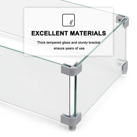 Corner view of rectangular fire pit wind guard for 52 inch tables, 27.6 x 11.7 x 6.5 inches, transparent tempered glass with aluminum brackets