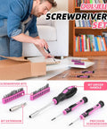 Man using Pink Tool Kit 140 Piece Set For Women And Girls With 14 Inch Tool Bag for DIY home repairs, showing screwdriver set.