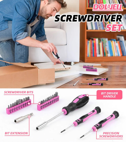 Man using Pink Tool Kit 140 Piece Set For Women And Girls With 14 Inch Tool Bag for DIY home repairs, showing screwdriver set.