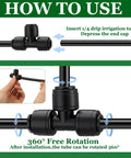 Diagram showing how to use 50 Pack Quick Connect Quarter Inch Drip Irrigation Tee Connectors Universal Fittings for Quarter Inch Tubing