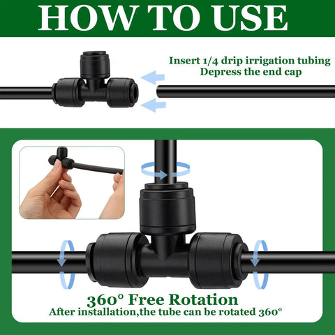 Diagram showing how to use 50 Pack Quick Connect Quarter Inch Drip Irrigation Tee Connectors Universal Fittings for Quarter Inch Tubing